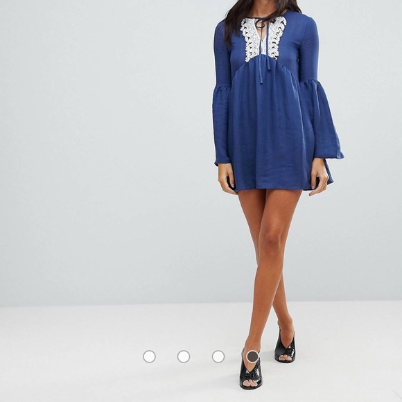 Cute English Factory Ruffle Mini Dress with Lace Trim & Flounce Sleeves Navy XS - Picture 11 of 16